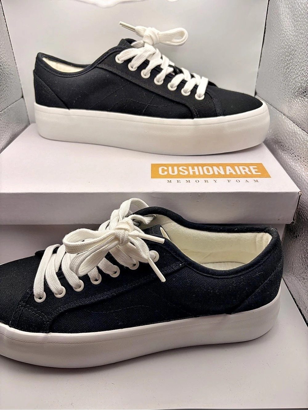Cushionaire Memory Foam Platform Sneakers in Black & White US 8